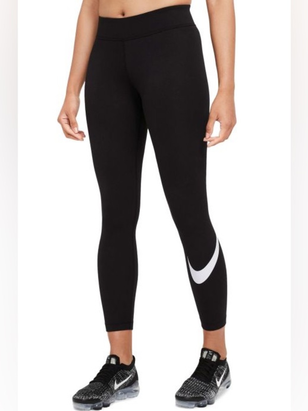 Nike Leggings Black + White Swoosh on Leg Mid-Rise Cotton Blend Workout Tights